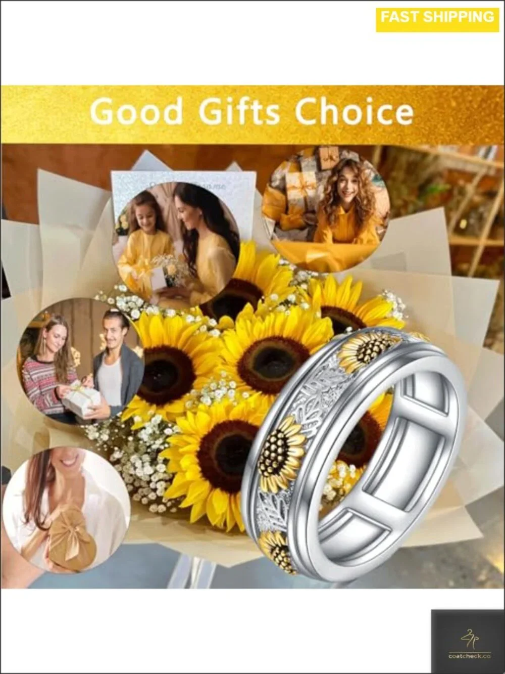 Sterling Silver Anxiety Spinner Ring Sunflower Stress Relief Fidget